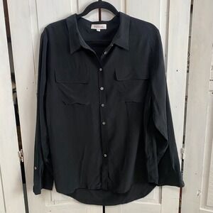 Two By Vince Camuto 100% Silk Button Shirt Womens L Black Business Chic Luxury